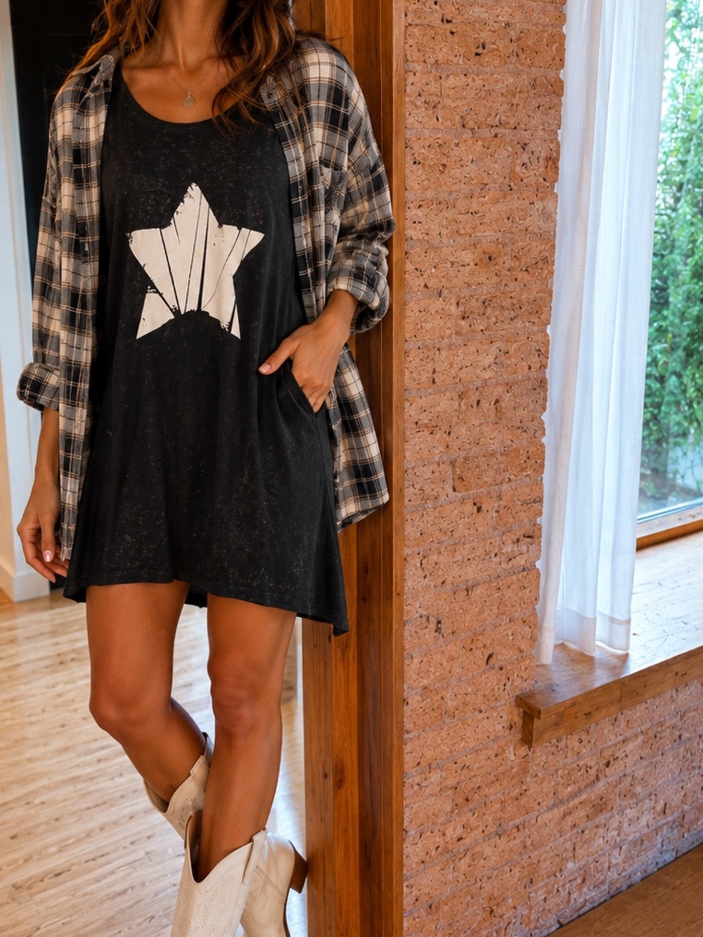 Bella Canvas Black Long Sleeve Top with Distressed White Star